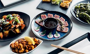Tuna Tataki with Salsa Verde, Miso Cashews, Spicy Aubergine, Yuzu Pork Belly, & Shisito Peppers