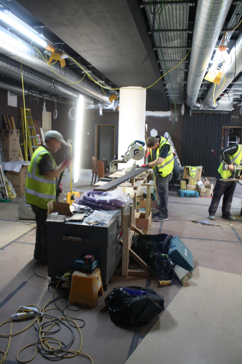 The charred timber wall finish at the far right gives a glimpse of some of the final materials that we’ll see in the restaurant.